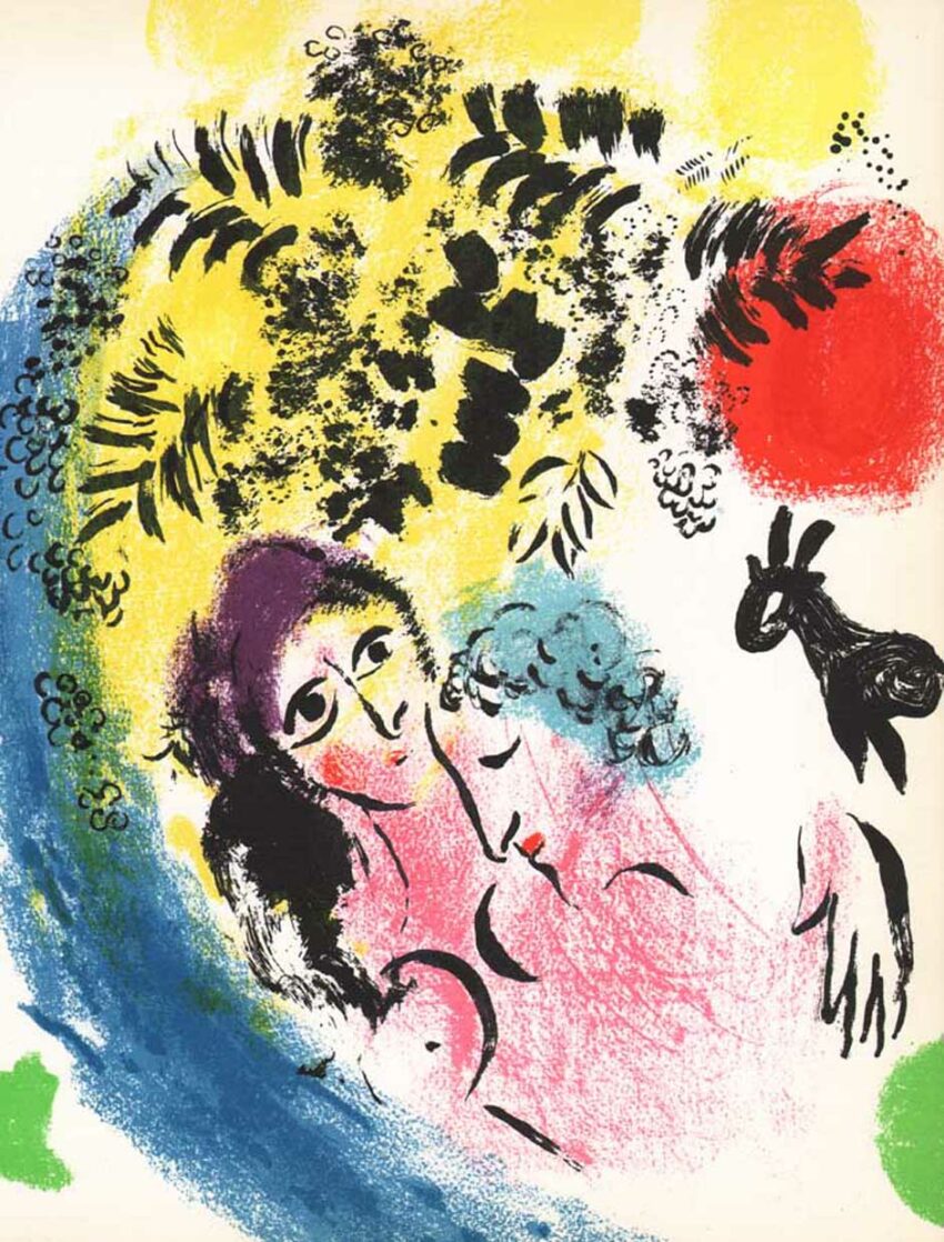 1960 Marc Chagall Original Lithograph Les Amoureux au Soleil Rouge