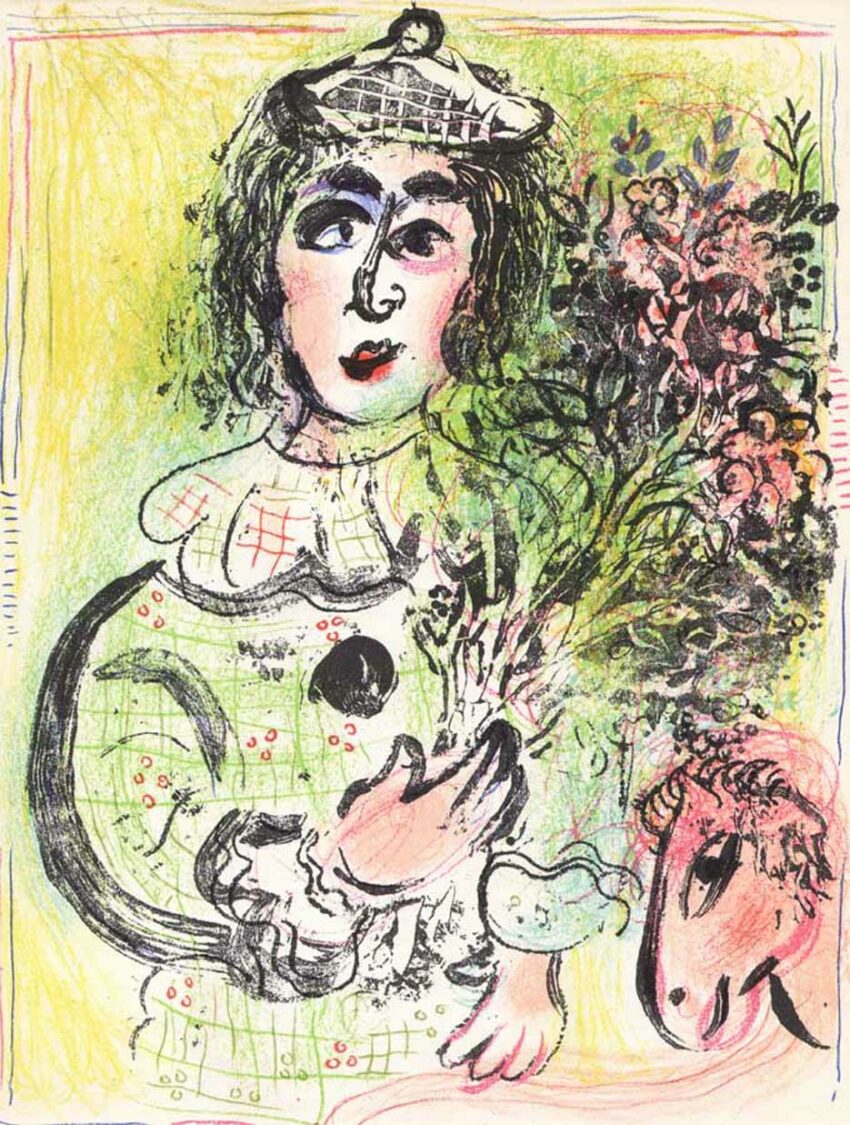 1963 Chagall Original Lithograph The Clown with Flowers